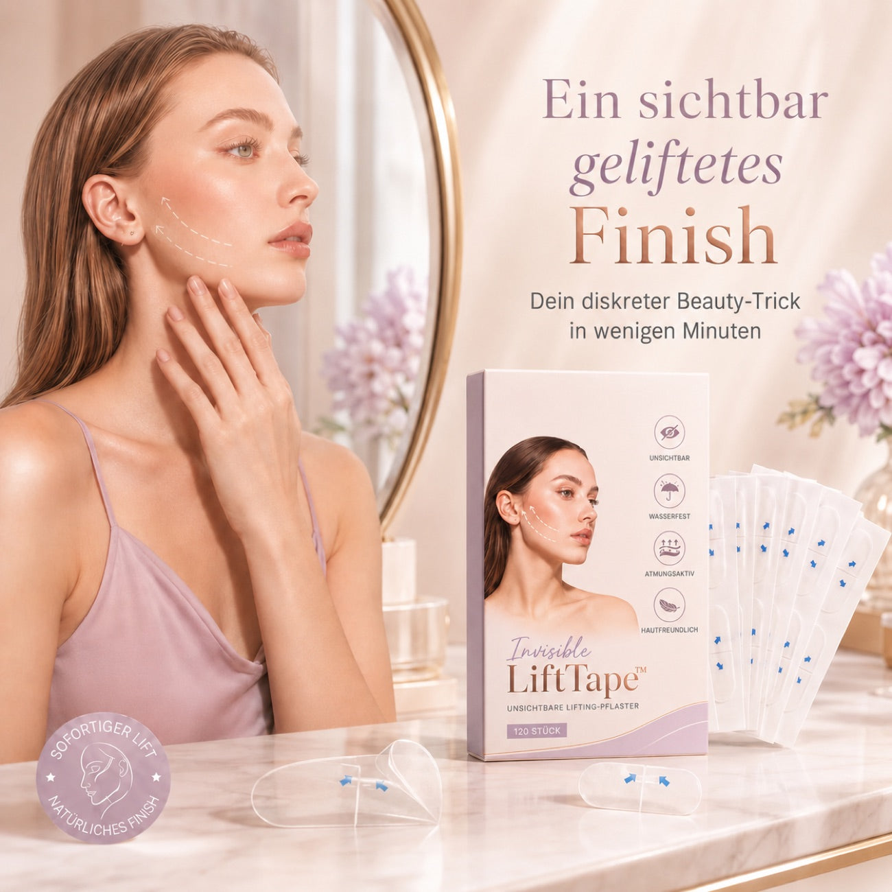 Frau trägt Invisible LiftTape für eine geliftete Kieferlinie auf