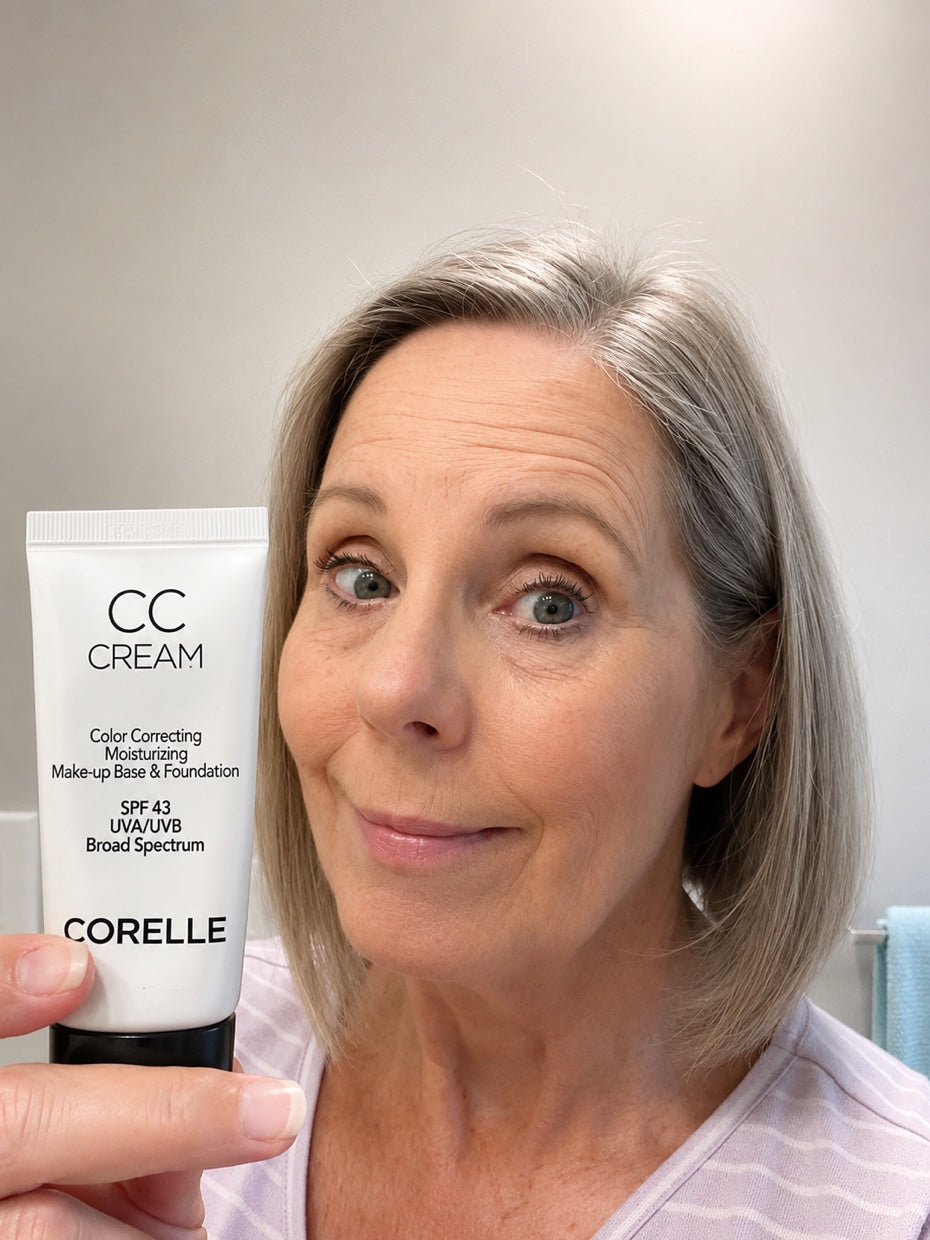 Zufriedene CORELLE CC Cream Kundin hält die Tube
