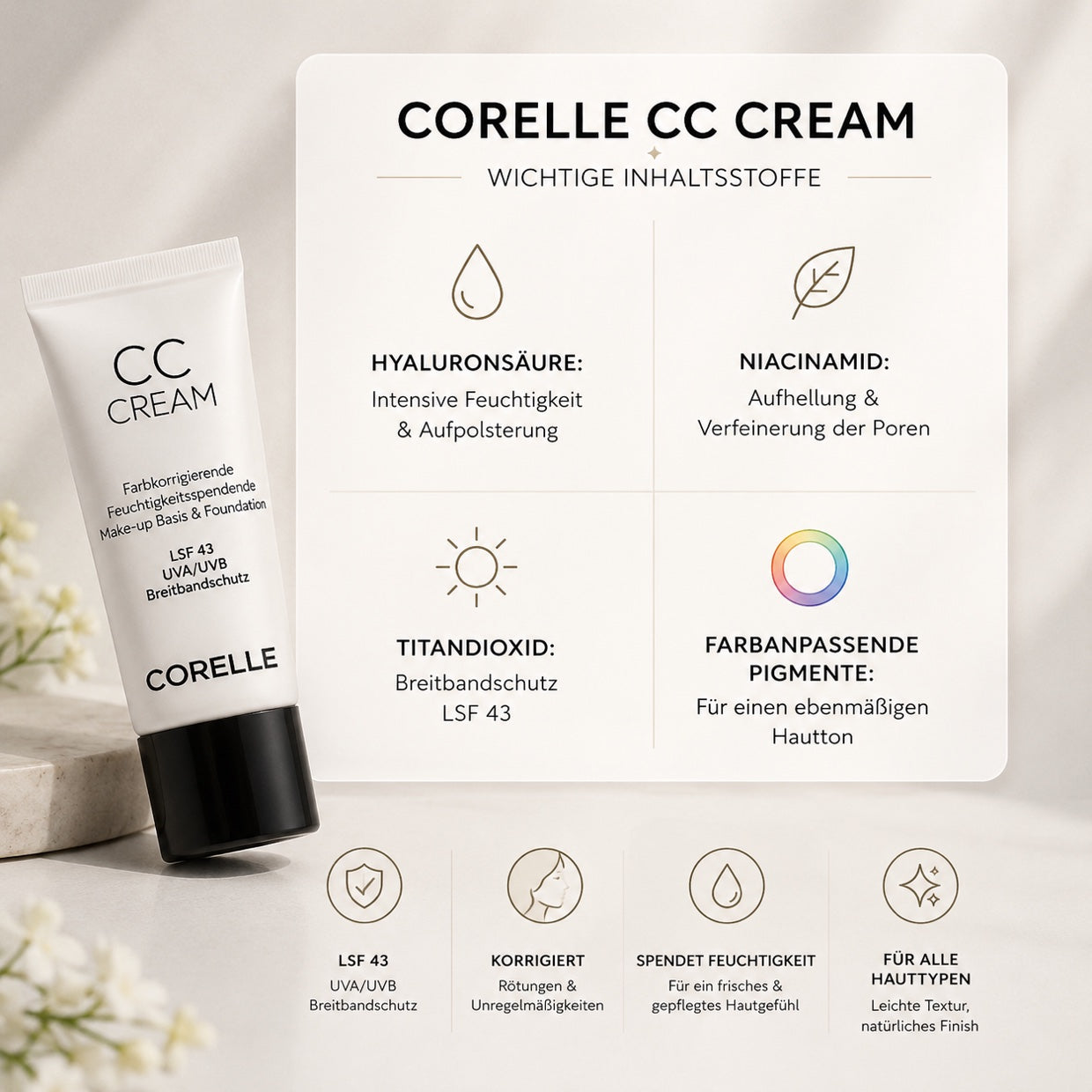 Wichtige Inhaltsstoffe der CORELLE CC Cream: Hyaluronsäure, Niacinamid, Titandioxid, farbanpassende Pigmente